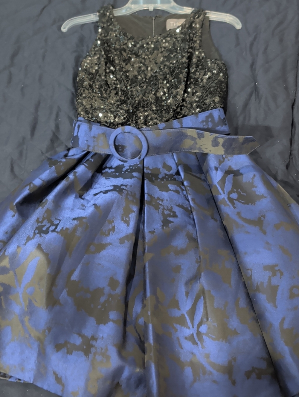 Theia Black Sequin Bodice with Royal Blue Floral Satin Skirt Womens Dress